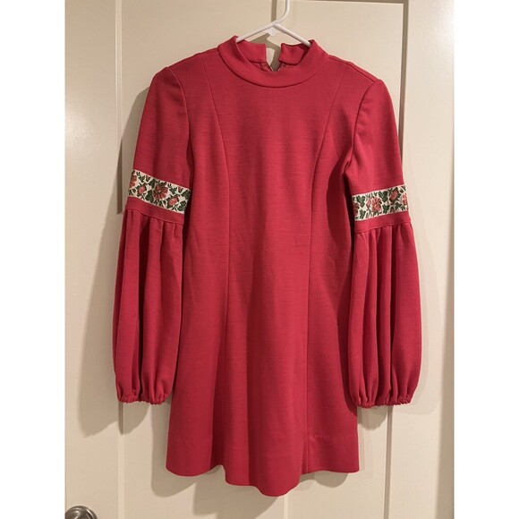 Vintage Dresses & Skirts - Vintage 70s Mini Sweater Dress Babydoll Balloon Sleeves Floral Trim